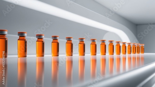 A pharmaceutical production line using orange liquid vials. photo