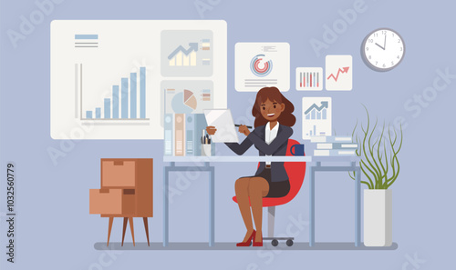 Business Planning concept. Businesswoman working in a contemporary office environment, surrounded by documents, charts, and creating a business plan. Character vector illustration design.