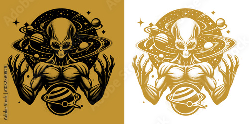 a planet with alien vintage retro design
