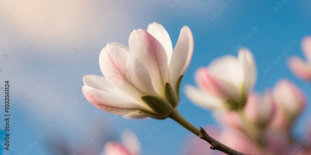 Fototapeta premium Almond Blossom Spring Sky Close Up Flower Bud.