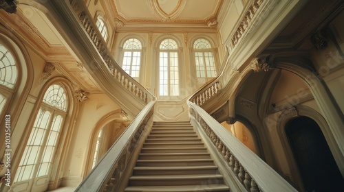 Symmetrical lines of a grand staircase in a historic mansion, showcasing elegance