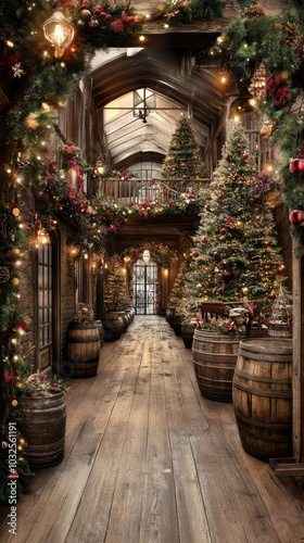 Rustic barn decorated for Christmas with draped garlands, festive trees, and warm glowing lights.