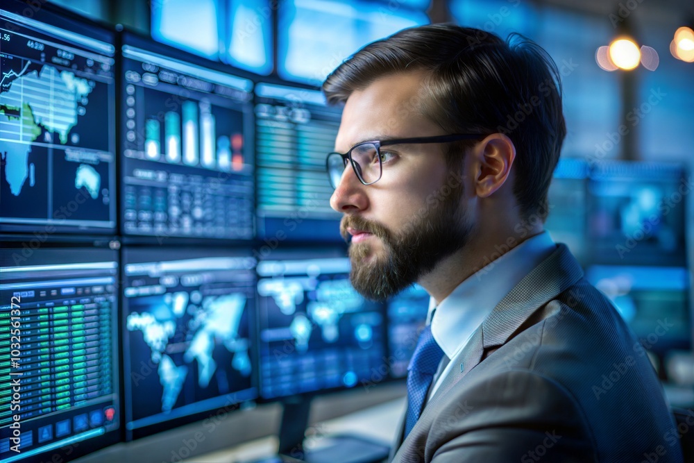 Caucasian businessman analyzing data on monitors focused on cybersecurity insights Caucasian businessman analyzing data on monitors focused on cybersecurity insights