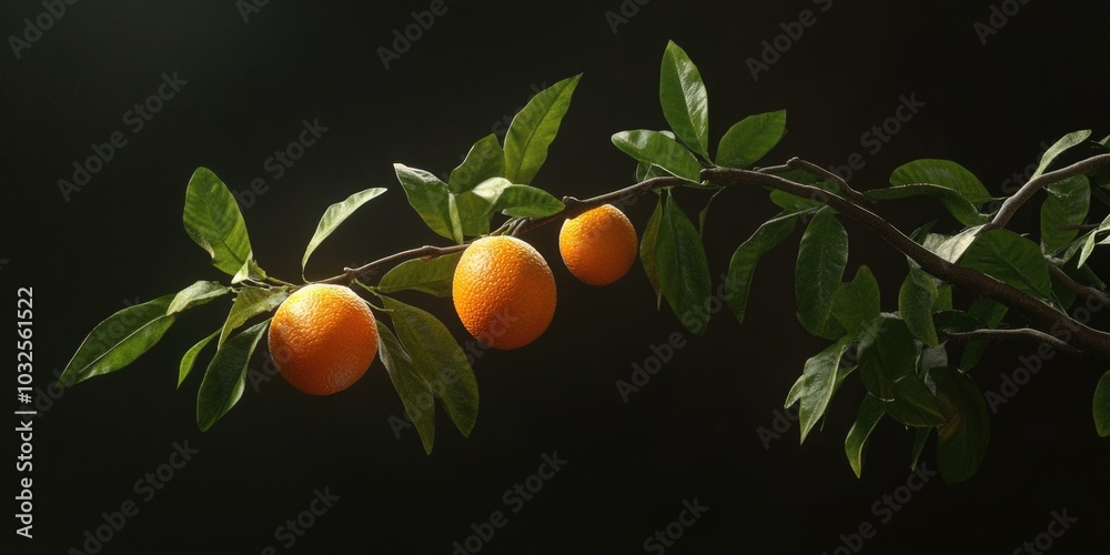 Three oranges on branch with leaves Three oranges on branch with leaves