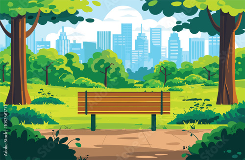 City summer park with green trees bench,Vector illustration of bench and streetlight in city park, A flat vector of a city park.