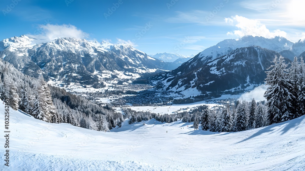 Panoramic view down snow covered valley in alpine mountain range Panoramic view down snow covered valley in alpine mountain range