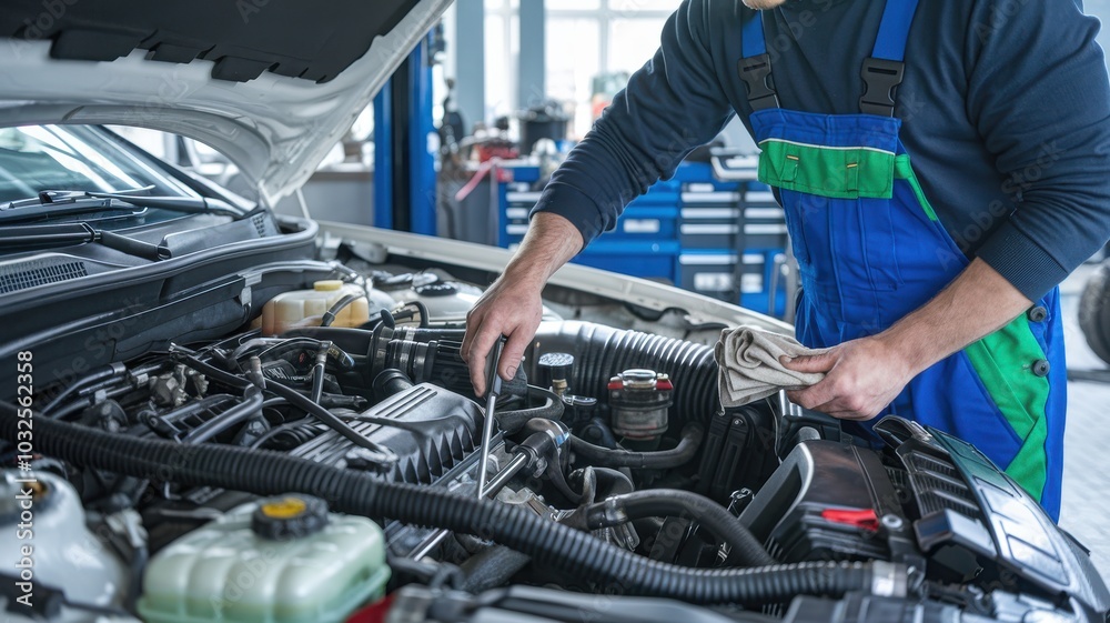 Mechanic repairing car engine in a workshop with tools and equipment. Mechanic repairing car engine in a workshop with tools and equipment.