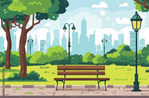 City summer park with green trees bench,Vector illustration of bench and streetlight in city park, A flat vector of a city park.