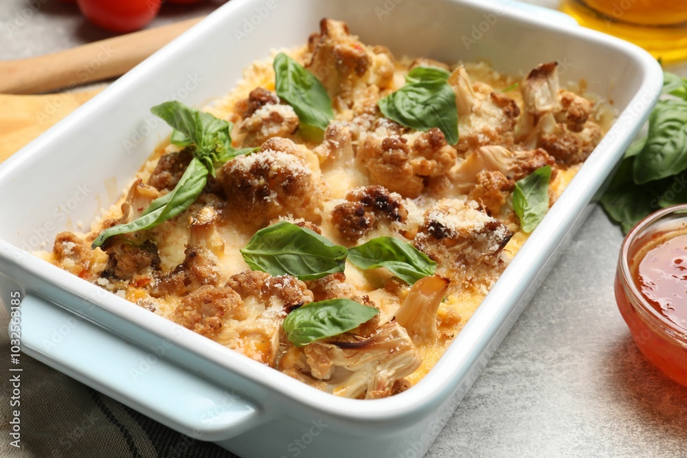 Tasty baked cauliflower in baking dish, basil and sauce on light grey table, closeup Tasty baked cauliflower in baking dish, basil and sauce on light grey table, closeup