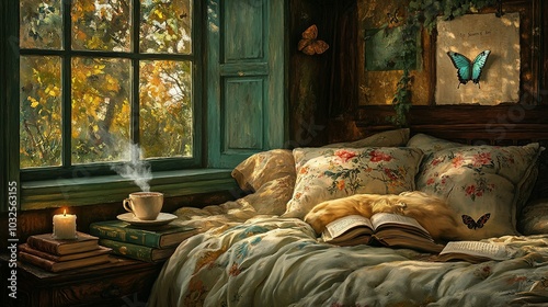 Cozy Bedroom with Books, Pillows, and a Cup of Steamy Coffee