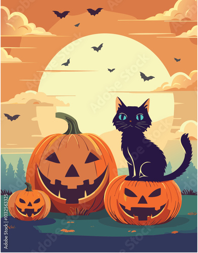 Vector graphic scary halloween pumpkins in rural scene with cats kittens