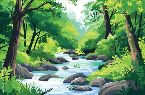 landscape with mountains and river, Cartoon Waterfall Landscape Background Card Poster Flat Design Nature Scene Adventure Travel, illustration