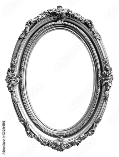 Decorative silver oval frame with ornate design isolated on transparent background