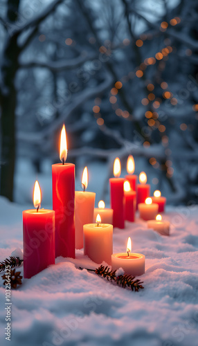 Christmas candles on snow close up, magic winter evening scene. beautiful winter natural background with candles. Christmas, Yule sabbat, New Year Holidays concept. witchcraft ritua isolated with wh photo