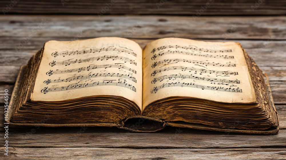 Fototapeta premium Antique Music Book Open on Rustic Wooden Table