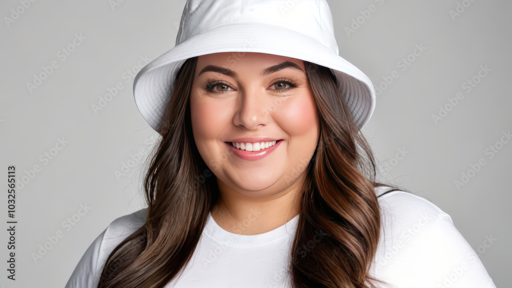 Plus size woman wearing white t-shirt and white bucket hat isolated on grey background Plus size woman wearing white t-shirt and white bucket hat isolated on grey background
