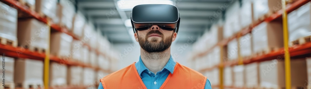 Warehouse worker with augmented reality headset, assisting in locating inventory items faster, warehouse management, advanced software Warehouse worker with augmented reality headset, assisting in locating inventory items faster, warehouse management, advanced software