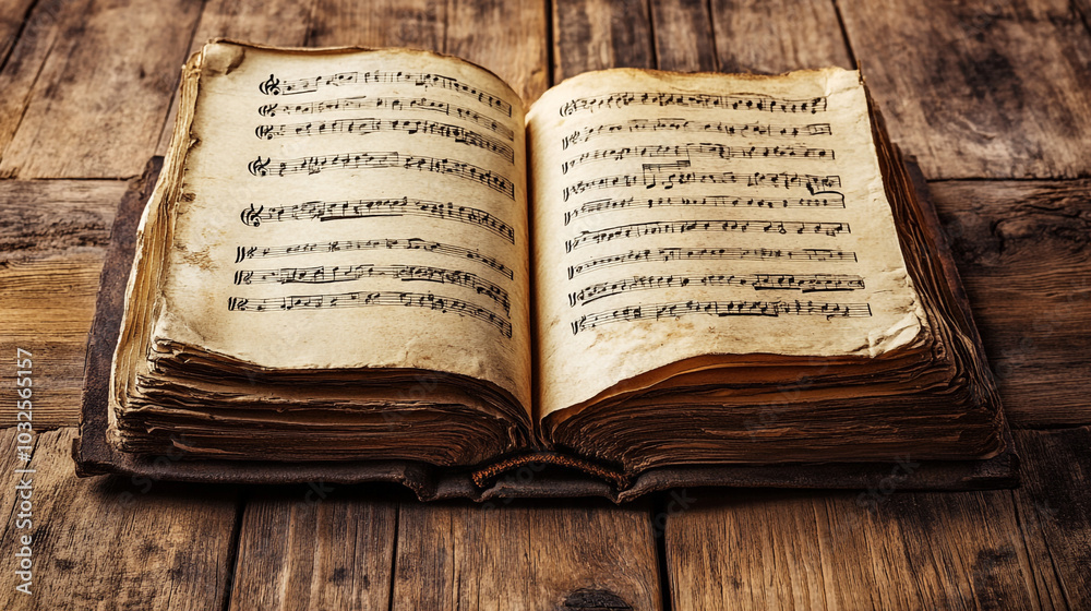 Obraz premium Antique Music Book Open on Wooden Table Vintage Sheet Music Composition Melody Classi