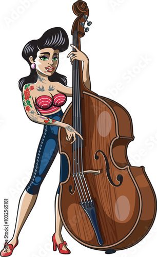 Rockabilly style pin up girl playing a double bas