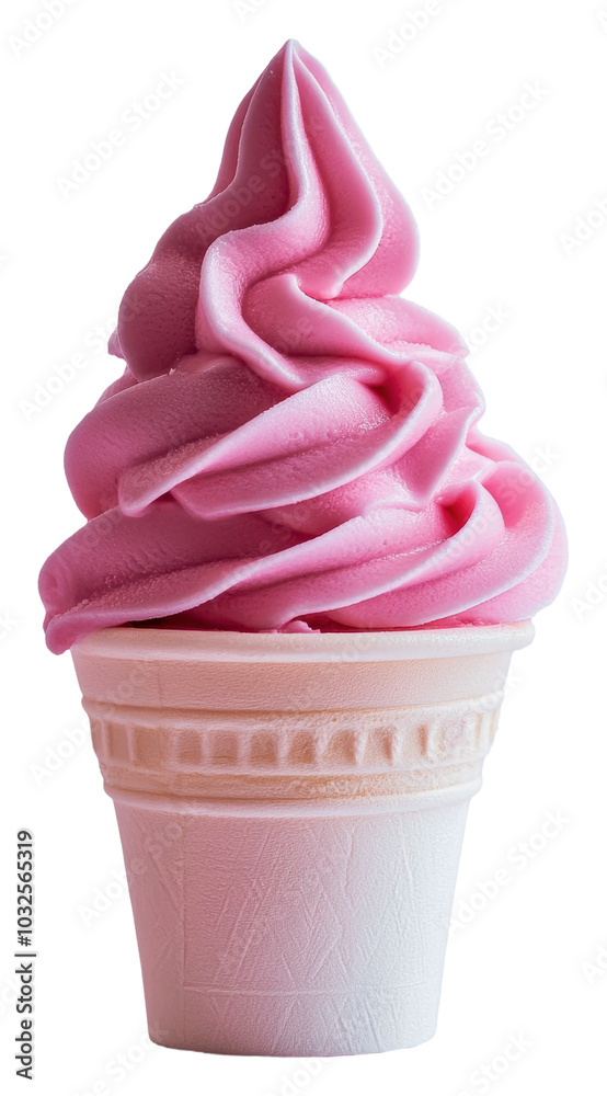 Delicious pink swirl soft serve ice cream in cone isolated on transparent background Delicious pink swirl soft serve ice cream in cone isolated on transparent background
