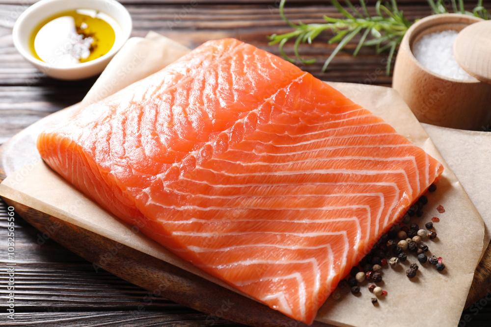 Piece of fresh salmon and spices on wooden table, closeup