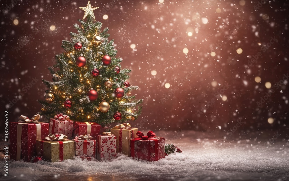 A beautifully lit Christmas tree decorated with red, gold, and silver ornaments, surrounded by wrapped presents in festive paper, with soft snow falling in the background A beautifully lit Christmas tree decorated with red, gold, and silver ornaments, surrounded by wrapped presents in festive paper, with soft snow falling in the background