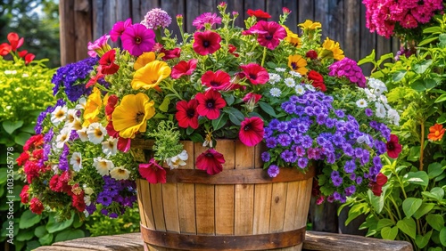 Wallpaper Mural "Vibrant Vertical Garden: Petunia, Ageratum, Lobelia, Amaranth, Dichondra in Wooden Container" Torontodigital.ca