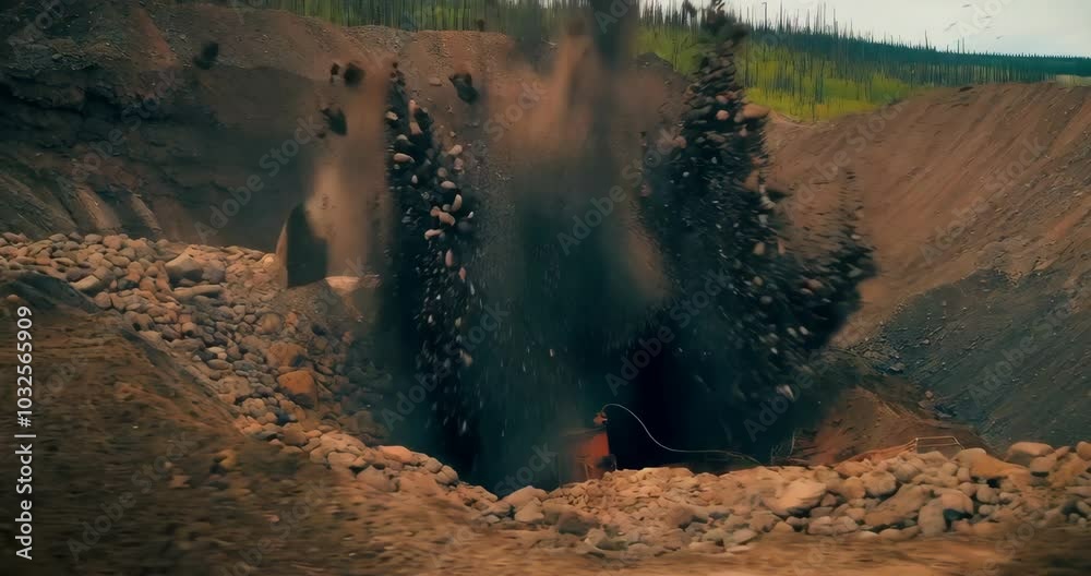 Explosion of rock with coal for mining. The camera shakes from the huge vibration of the earth. Stones fly up