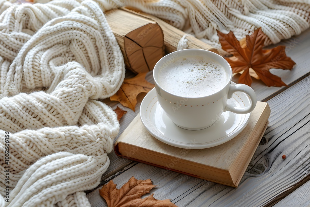 Cozy Autumn Vibes with a Warm Cup of Coffee and Soft Knit Blanket Cozy Autumn Vibes with a Warm Cup of Coffee and Soft Knit Blanket