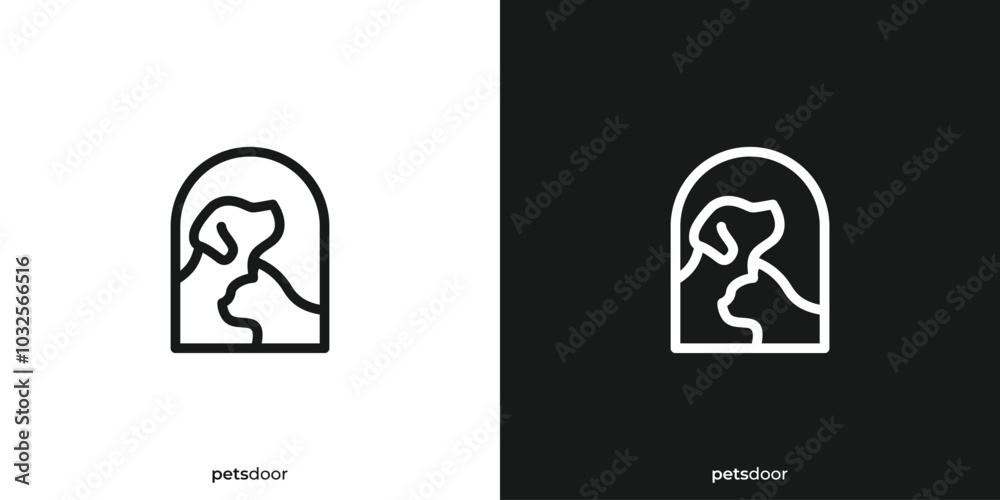 Pets Door Logo. Dog Cat and Doorway with Linear Outline Style. Pets Care Logo, Icon Symbol, Vector, Design Inspiration.