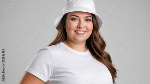 Plus size woman wearing white t-shirt and white bucket hat isolated on grey background