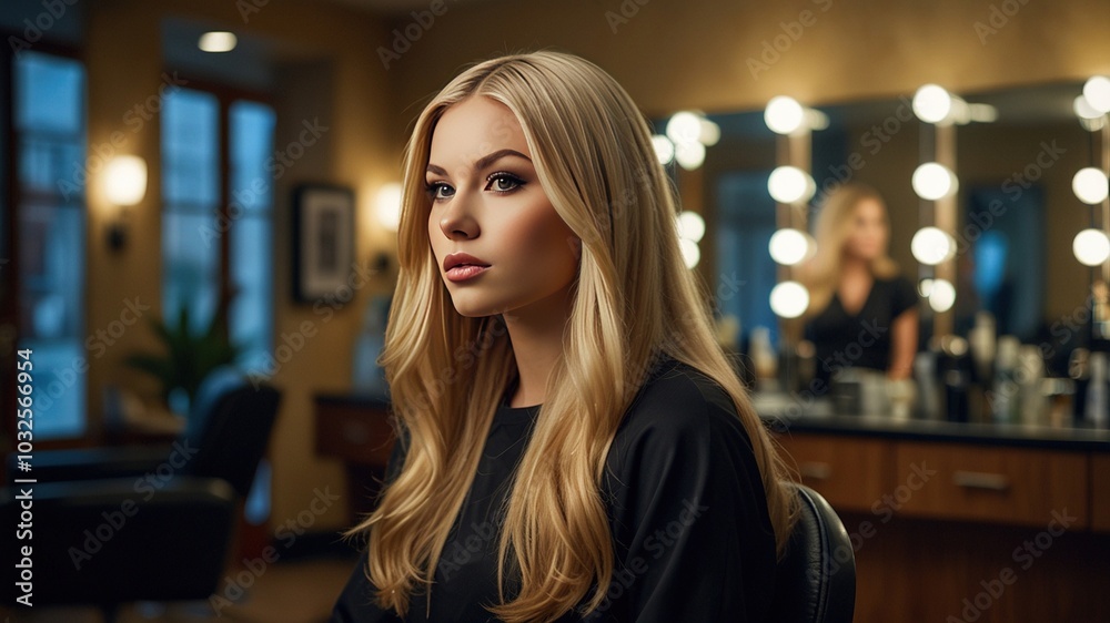 A beautiful blonde model poses in a vibrant hair salon, surrounded by expert stylists and cutting-edge tools, embodying the essence of modern beauty and style. A beautiful blonde model poses in a vibrant hair salon, surrounded by expert stylists and cutting-edge tools, embodying the essence of modern beauty and style.