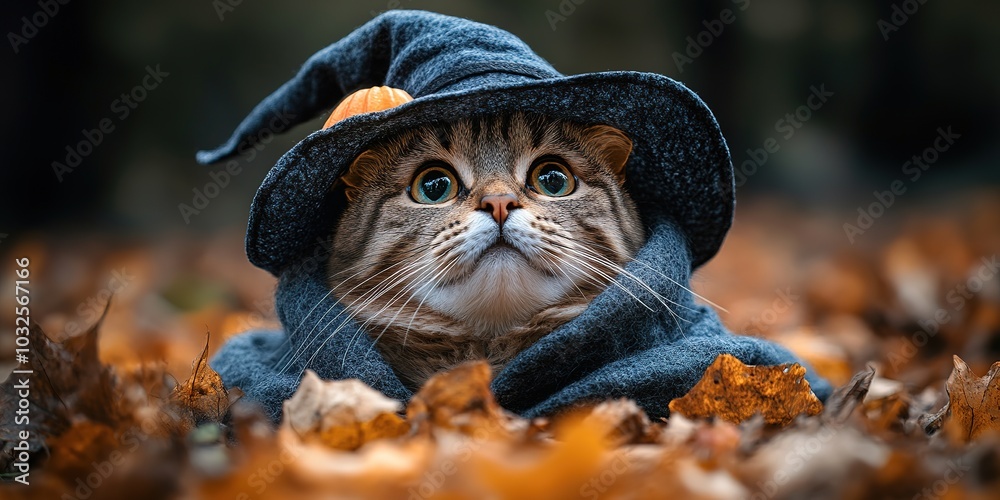 Obraz premium A cute cat in a Halloween costume in the studio on a dark background. The cat depicts a witch with pumpkins on Halloween