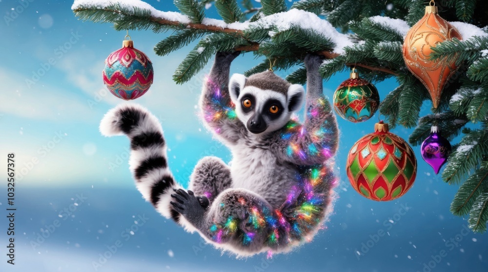 Obraz premium 3D Christmas lemur hanging from a tree, decorated with ornaments.