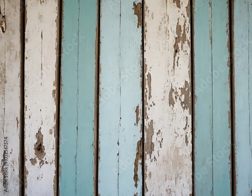 A close-up of an old wooden wall with peeling turquoise paint