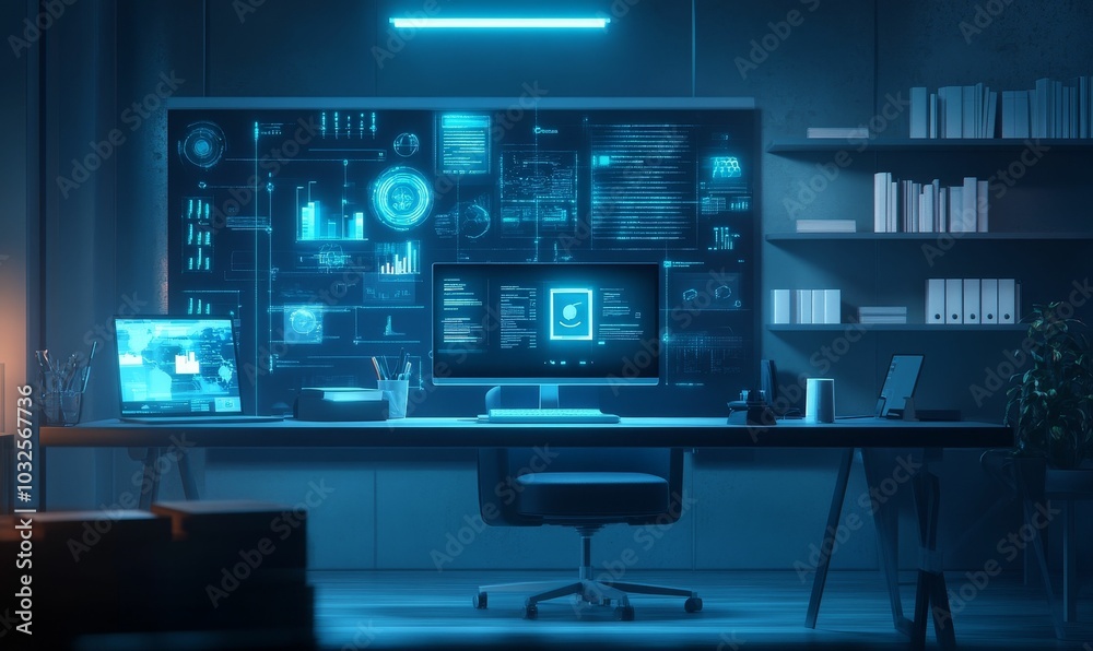 Modern office with blue computer screen and data. Modern office with blue computer screen and data.