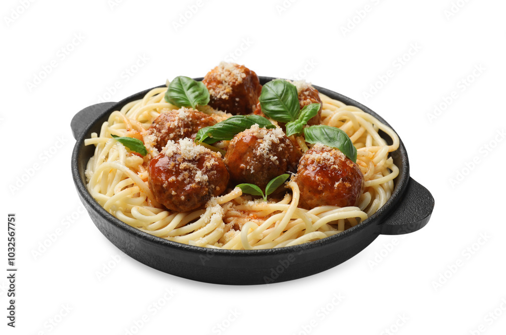 Delicious pasta with meatballs isolated on white Delicious pasta with meatballs isolated on white
