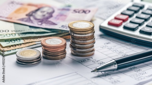 Money, coins, calculator on financial documents, white isolated background