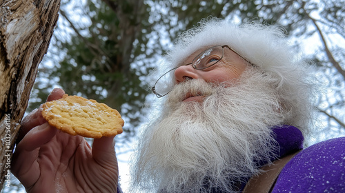 Wallpaper Mural Santa Claus with a twinkle in his eye takes a bite out of a golden cookie. Close-up of Santa enjoying a snack outdoors during the festive season. Torontodigital.ca