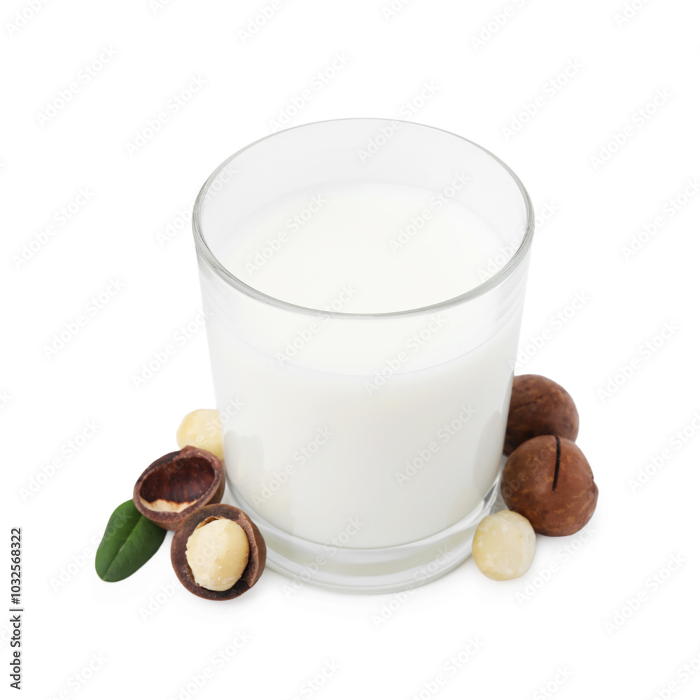 Glass of macadamia milk and nuts isolated on white Glass of macadamia milk and nuts isolated on white