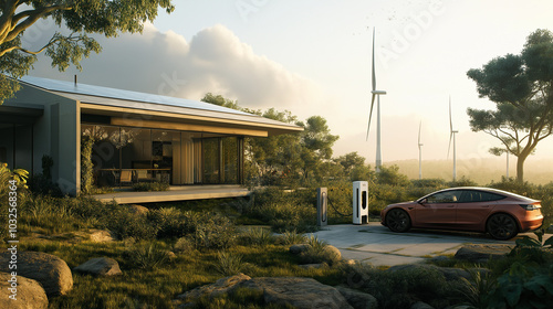 A modern home with a solar roof, where an electric car is plugged into a home charging station. The house is surrounded by a lush garden, and in the background, wind turbines spin in the distance.