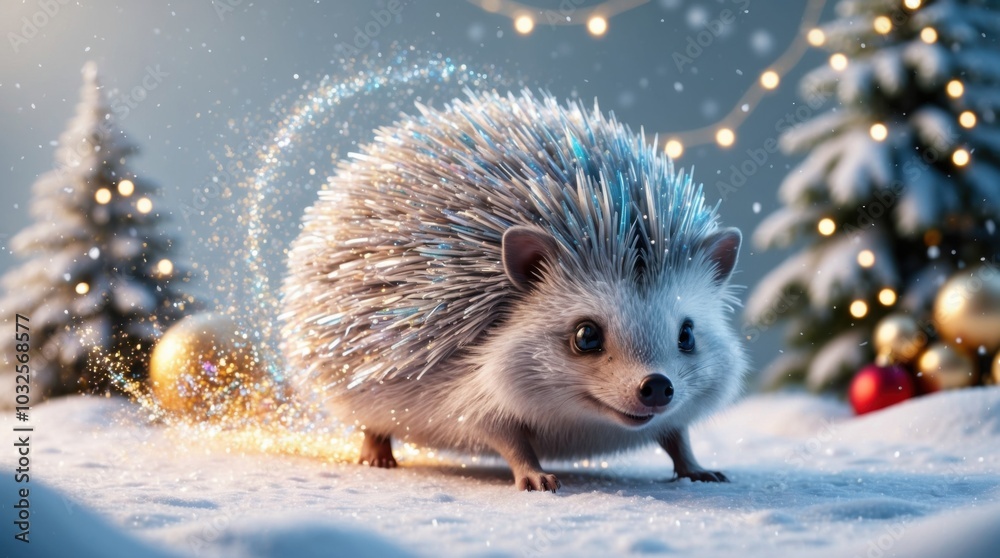 Obraz premium 3D hedgehog rolling through snow, leaving trails of glitter behind, in a Christmas setting.