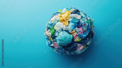 A globe made of trash and plastic is shown on a blue background