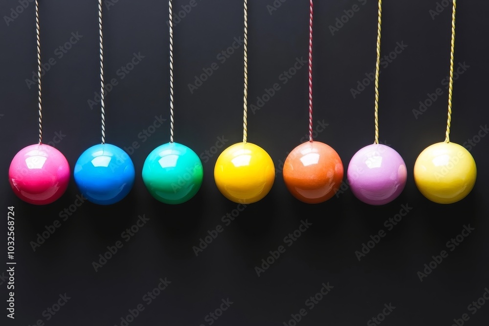 Row of colorful glossy spheres hanging by thin ropes each a different hue symbolizing visual harmony balance and the vibrant intersection of design and decoration in a minimalist aesthetic Row of colorful glossy spheres hanging by thin ropes each a different hue symbolizing visual harmony balance and the vibrant intersection of design and decoration in a minimalist aesthetic
