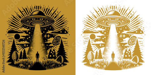 ufo over forest at night vintage design
