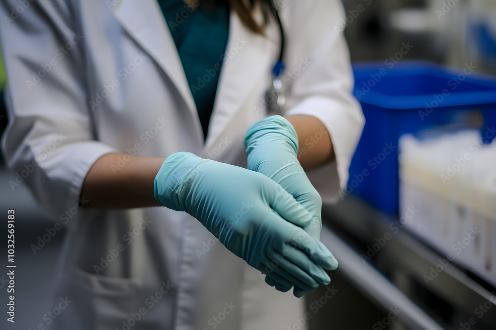 Doctor wearing blue gloves in hospital preparing for surgery medical professional healthcare hygiene safety latex protective gear examination nurse clinic patient care Doctor wearing blue gloves in hospital preparing for surgery medical professional healthcare hygiene safety latex protective gear examination nurse clinic patient care