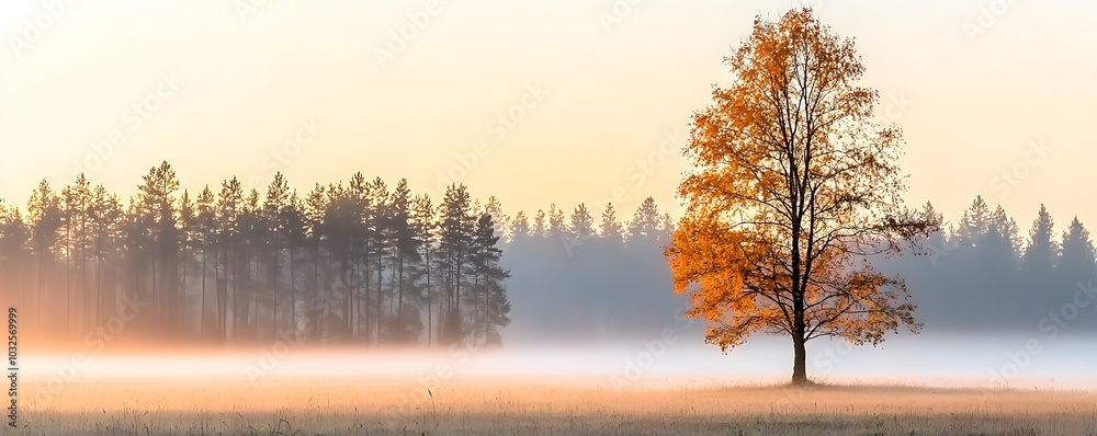 Obraz premium Enchanted Morning Mist in Forest - Wildlife Awakens Amid Fading Sun and Seasonal Transformation