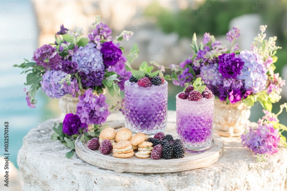 Two purple cocktails with blackberries and mint garnishes, alongside purple flowers and pastries on a rustic table. Two purple cocktails with blackberries and mint garnishes, alongside purple flowers and pastries on a rustic table.