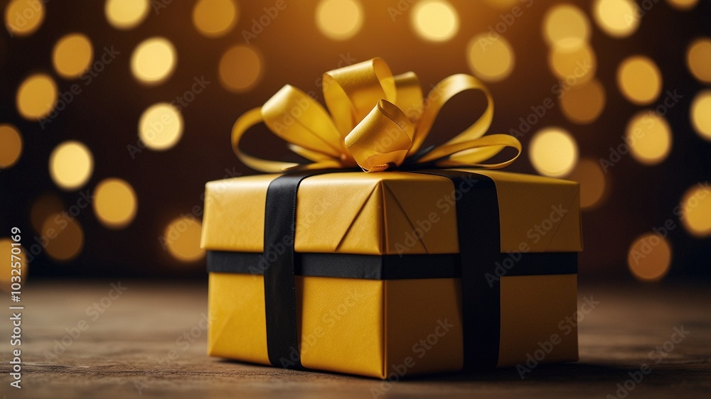 A lively yellow gift box adorned with a chic black bow, set against a bright yellow backdrop, ideal for all your celebrations and special occasions. A lively yellow gift box adorned with a chic black bow, set against a bright yellow backdrop, ideal for all your celebrations and special occasions.