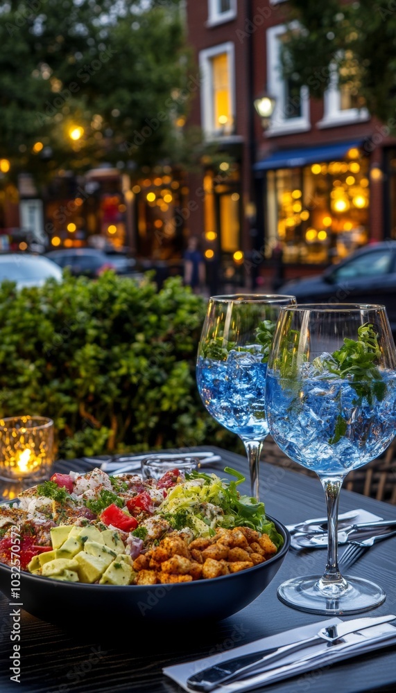 A delicious salad and two glasses of blue cocktails on a table at an outdoor restaurant, with a bustling street in the background. A delicious salad and two glasses of blue cocktails on a table at an outdoor restaurant, with a bustling street in the background.